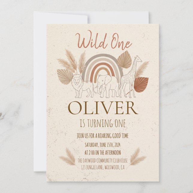 Elegant Boho Safari Wild One 1st Birthday Invitation (Front)