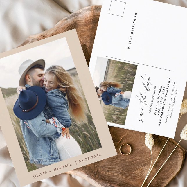 Elegant Boho Save the Date Photo Minimalist Announcement Postcard (Creator Uploaded)