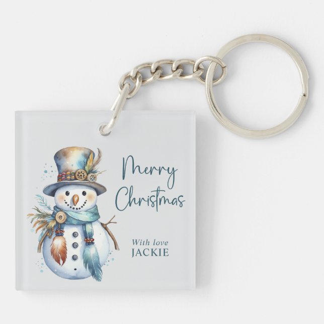 Elegant Boho Snowman Merry Christmas Holiday  Key Ring (Back)