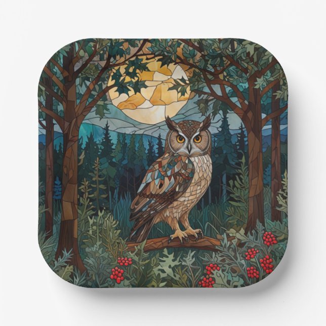 Elegant boho stain glass owl woodland forest paper plate (Front)