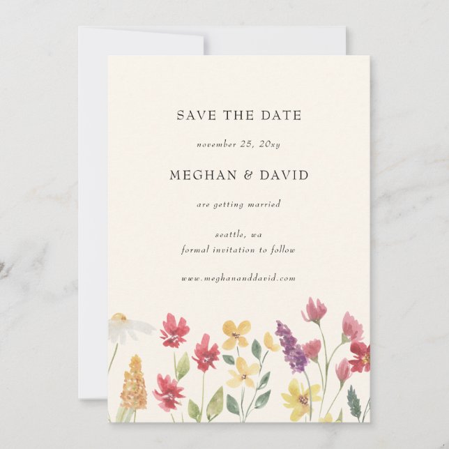 Elegant Boho Summer Wildflower Save the Date  Announcement (Front)