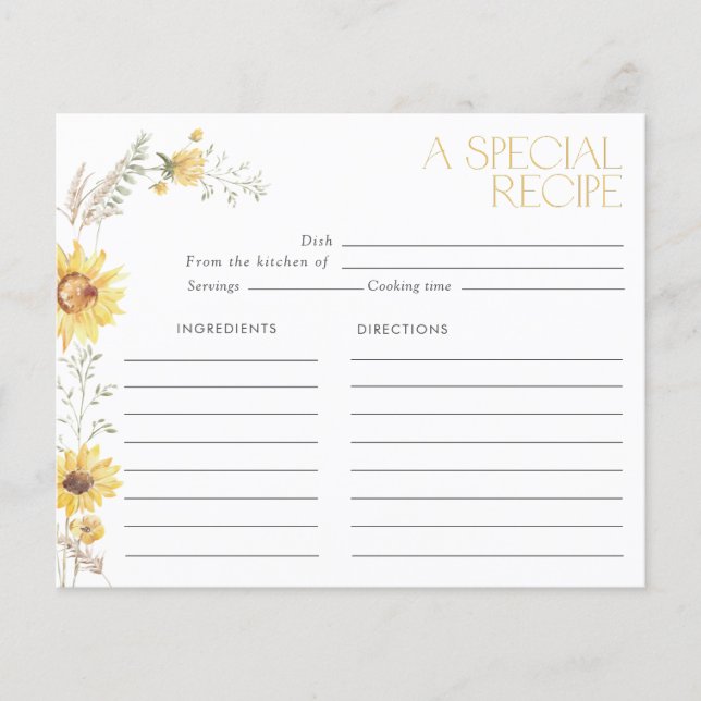 Elegant Boho Sunflower Bridal Shower Recipe Card (Front)