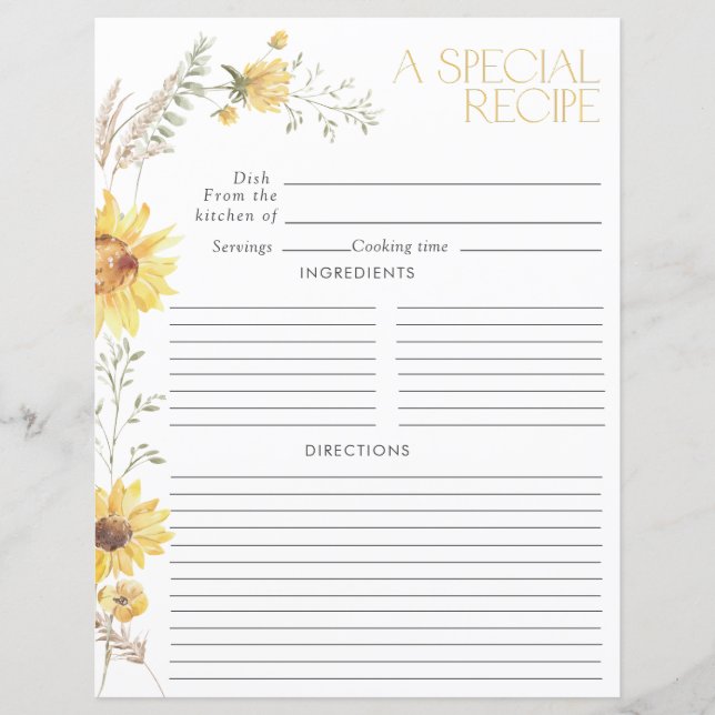 Elegant Boho Sunflower Bridal Shower Recipe Page (Front)