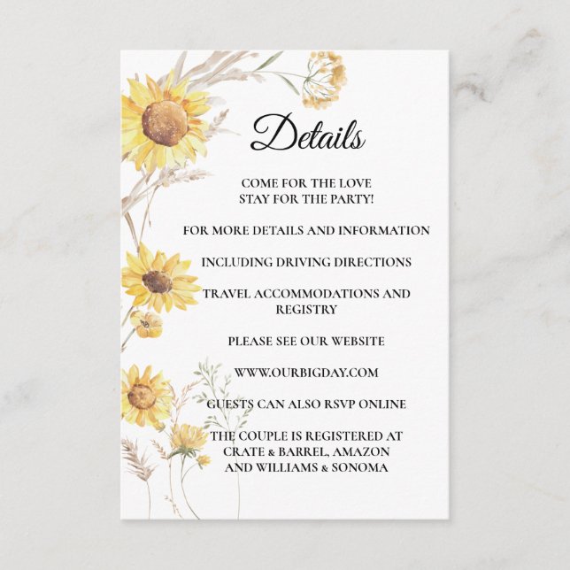 Elegant Boho Sunflower Enclosure Card Details (Front)