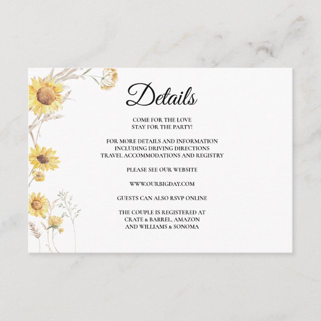 Elegant Boho Sunflower Enclosure Card Details (Front)