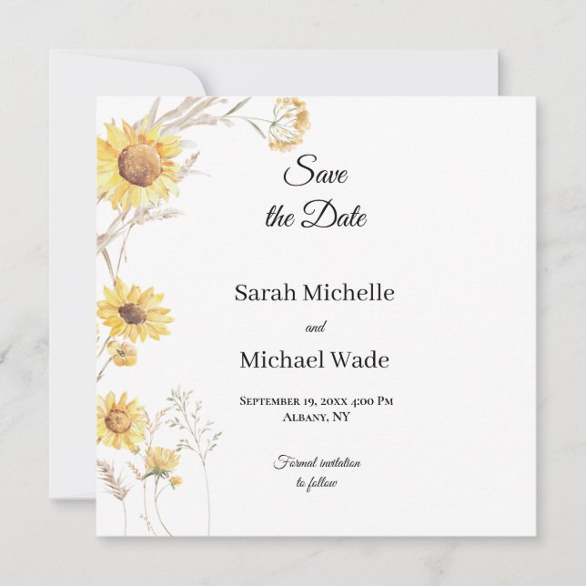 Elegant Boho sunflowers Save the Date Invite (Front)