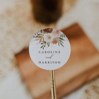 Elegant Boho Terracotta Floral Wedding Classic Round Sticker