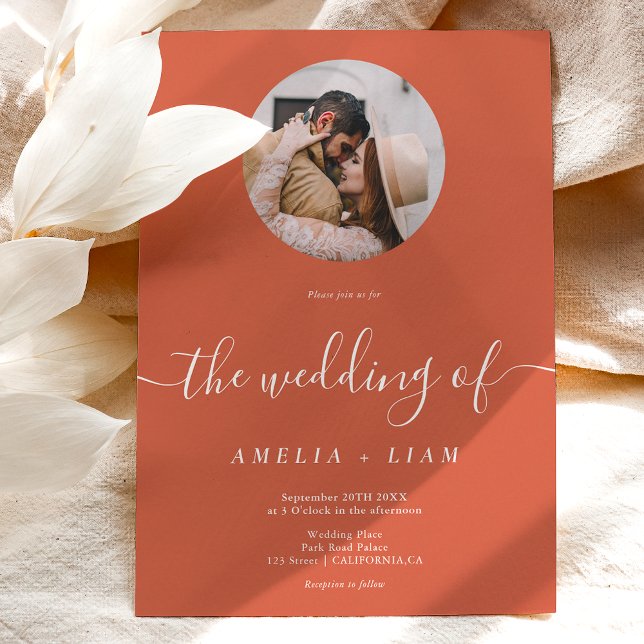 Elegant boho terracotta white photo script wedding invitation (Creator Uploaded)