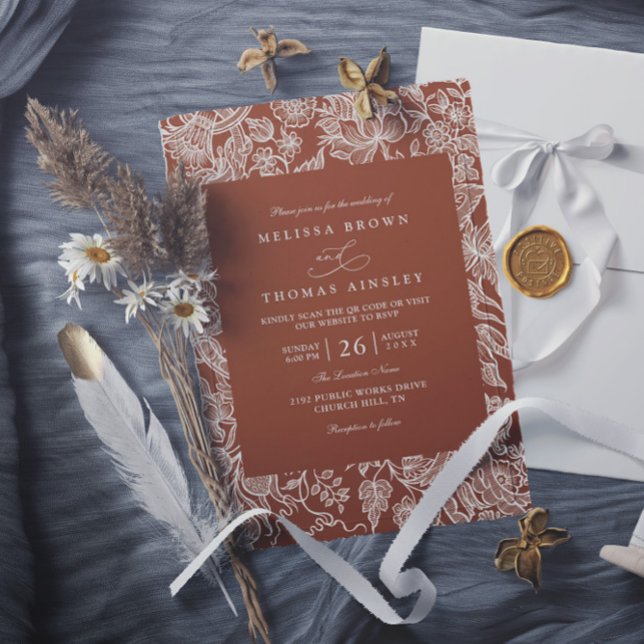 Elegant Boho Terracotta Wildflower QR Code Wedding Invitation (Creator Uploaded)