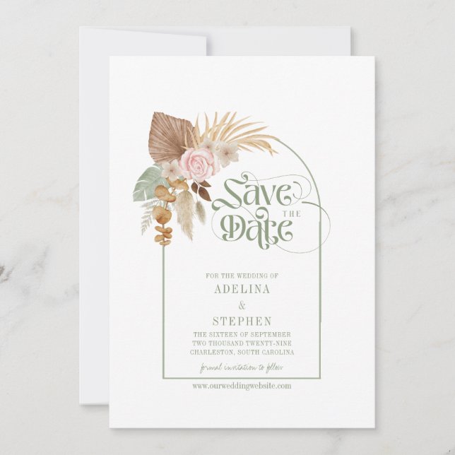 Elegant Boho Tropical Dried Flowers Arch QR Code Save The Date (Front)