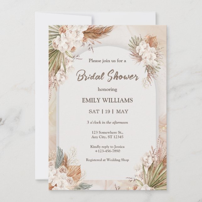 Elegant Boho Tropical Pampas Grass Bridal Shower Invitation (Front)