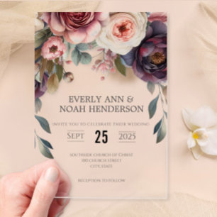 Elegant Boho Victorian Rose Bouquet Wedding Acrylic Invitations