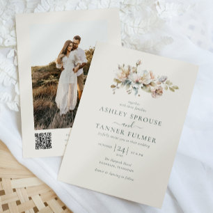 Elegant Boho Vintage Floral QR Code Photo Wedding Invitation