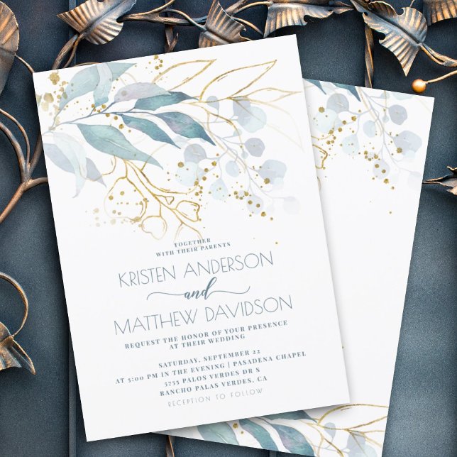 Elegant Boho Watercolor Blue Floral Gold Wedding Invitation (Dusty blue greenery elegant watercolor botanical invitation with gold accents for a bohemian feel.)