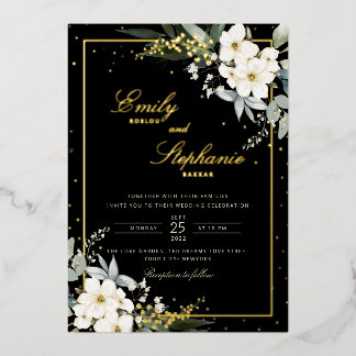 Elegant Boho Watercolor Floral Black Gold Wedding