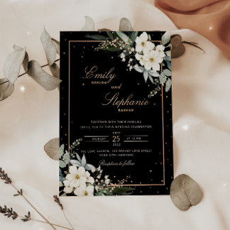 Elegant Boho Watercolor Floral Black Gold Wedding