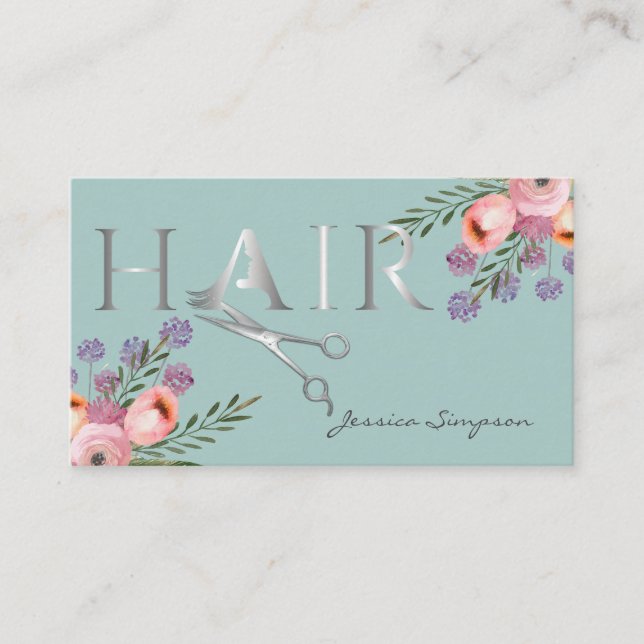 Elegant boho watercolor floral scissors appointment card (Front)