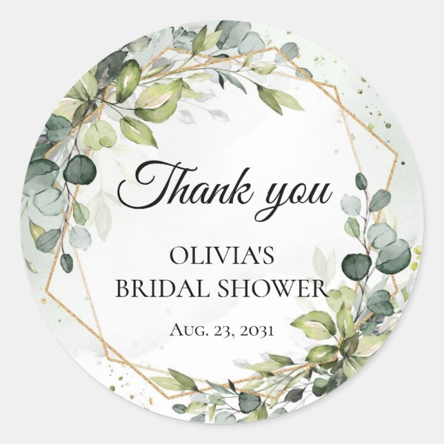 Elegant boho watercolor green eucalyptus wedding classic round sticker (Front)