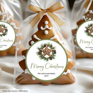 Elegant Boho Watercolor Pine Wreath Christmas Classic Round Sticker