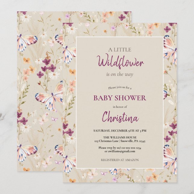 Elegant Boho Watercolor Wildflower Baby Shower Invitation (Front/Back)