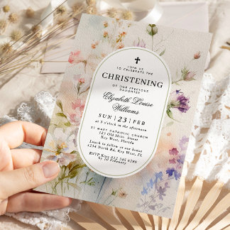 Elegant Boho Watercolor Wildflowers Christening Invitation