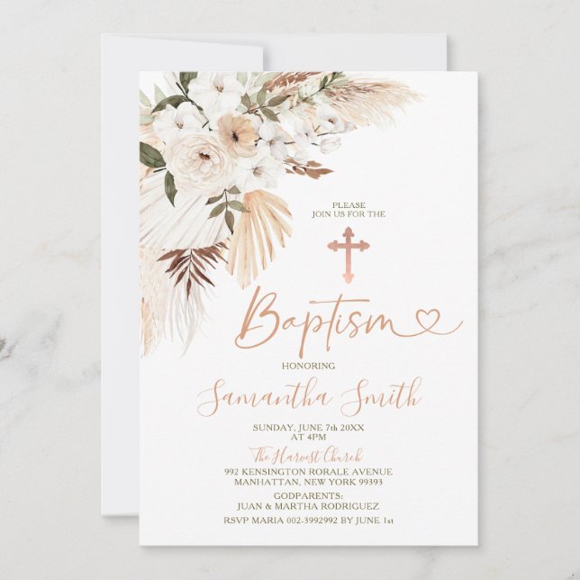 Elegant Boho White Flowers Christening Baptism Invitation (Front)