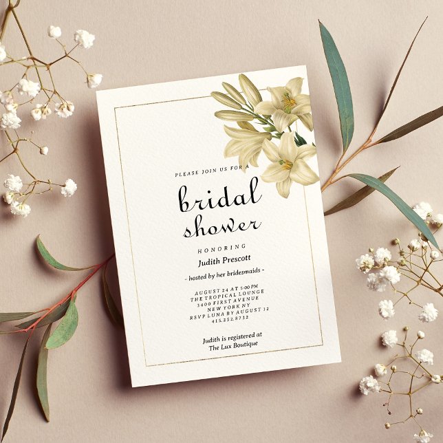 Elegant boho white gold floral lily Bridal Shower  Invitation (Elegant boho white gold floral lily Bridal Shower)