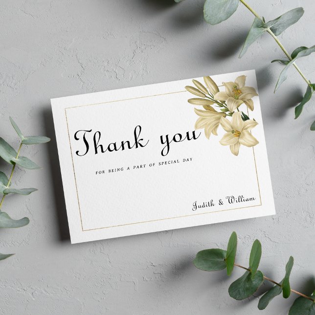 Elegant boho white gold floral lily Thank You Invitation (Elegant boho white gold floral lily Thank You)