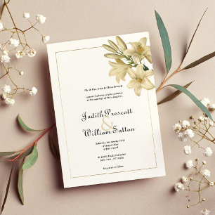 Elegant boho white gold floral lily wedding invitation