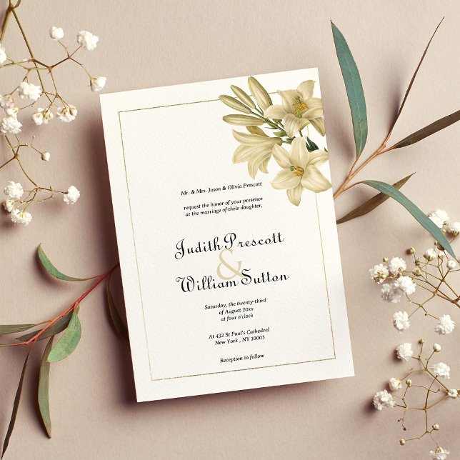 Elegant boho white gold floral lily wedding  invitation (Elegant boho white gold floral lily wedding)