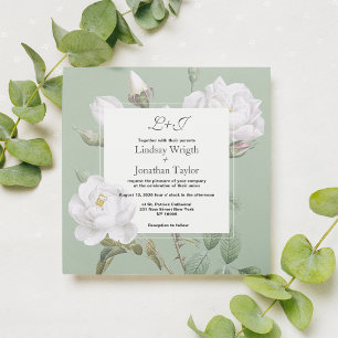 Elegant boho white mint green rose floral Wedding  Invitation