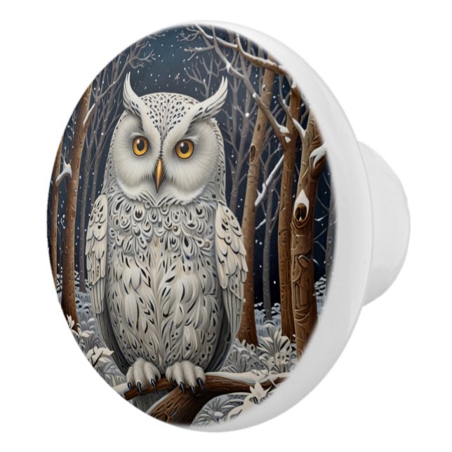 Elegant boho white owl woodland winter forest ceramic knob (Right)