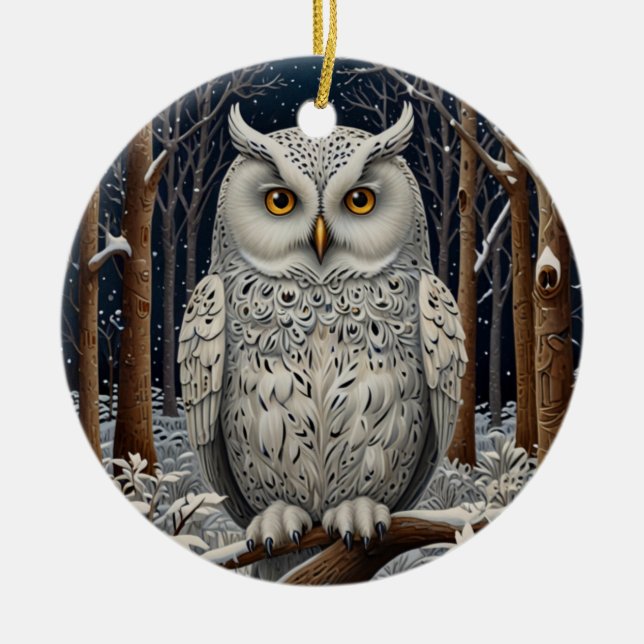 Elegant boho white owl woodland winter forest ceramic ornament (Front)