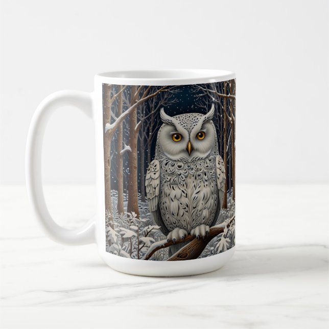 Elegant boho white owl woodland winter forest coffee mug (Left)