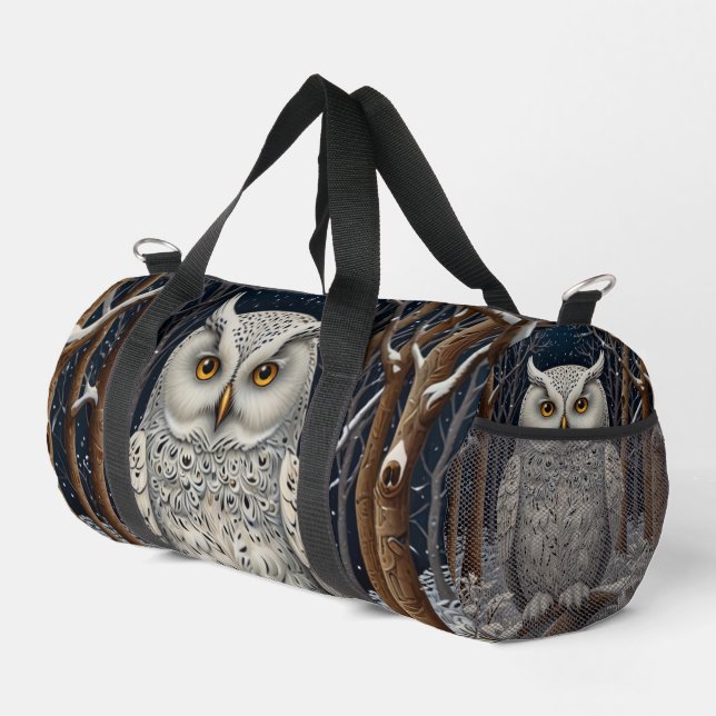 Elegant boho white owl woodland winter forest duffle bag (Right Corner)