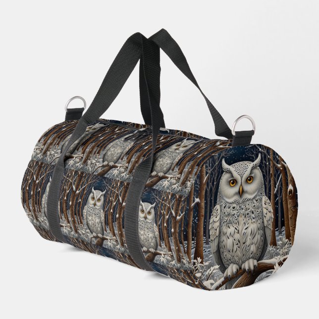Elegant boho white owl woodland winter forest duffle bag (Left Corner)