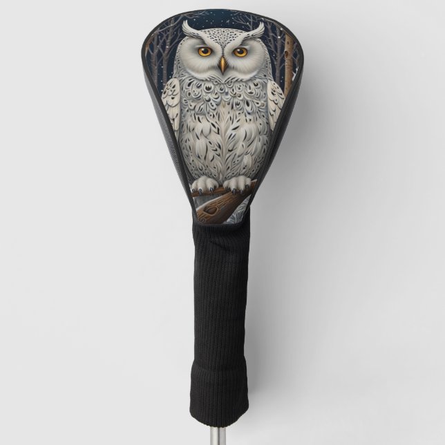 Elegant boho white owl woodland winter forest golf head cover (Front)