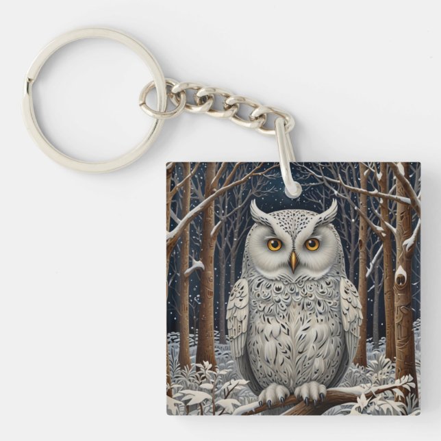 Elegant boho white owl woodland winter forest key ring (Front)