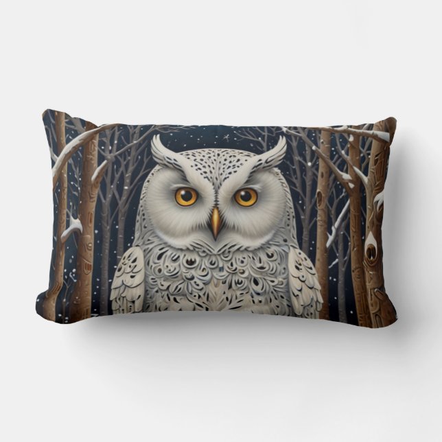 Elegant boho white owl woodland winter forest lumbar cushion (Front)