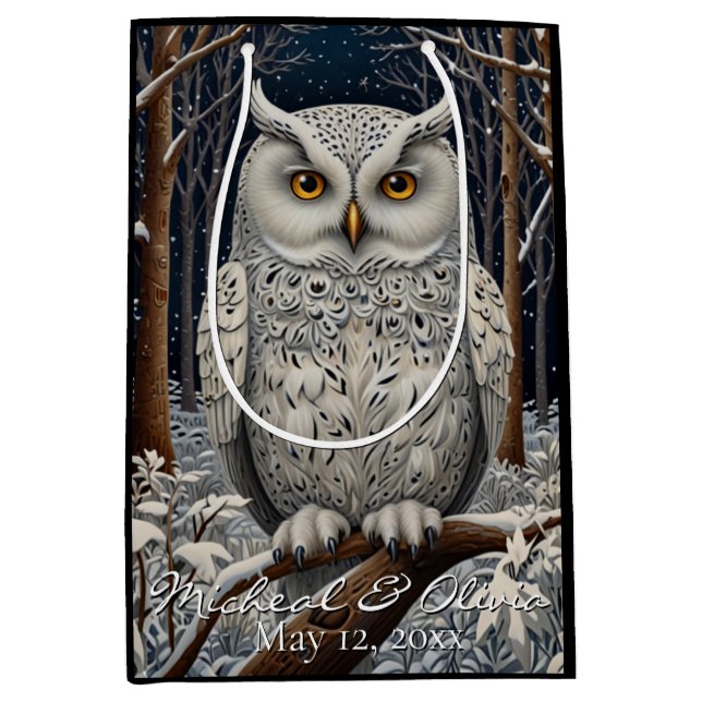 Elegant boho white owl woodland winter forest medium gift bag (Front)