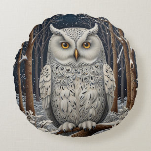 Elegant boho white owl woodland winter forest round cushion