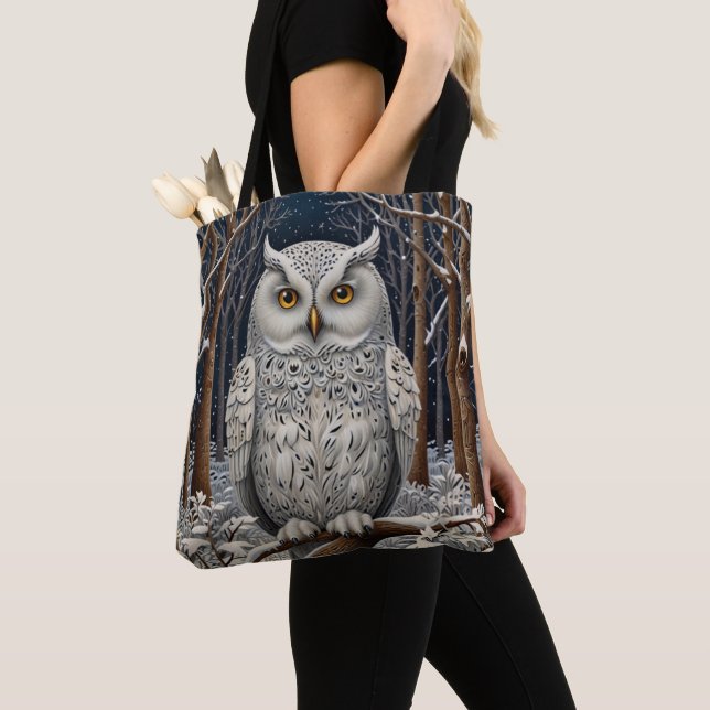 Elegant boho white owl woodland winter forest tote bag (Close Up)