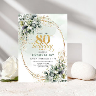 Elegant Boho White Roses 80th Birthday Invitation