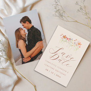 Elegant Boho Wildflower Beige Photo Wedding Save The Date