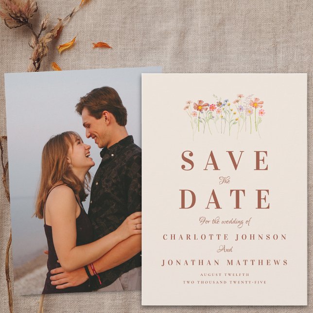 Elegant Boho Wildflower Beige Photo Wedding Save The Date (Elegant boho Wildflower meadow beige terracotta photo Wedding save the date card)