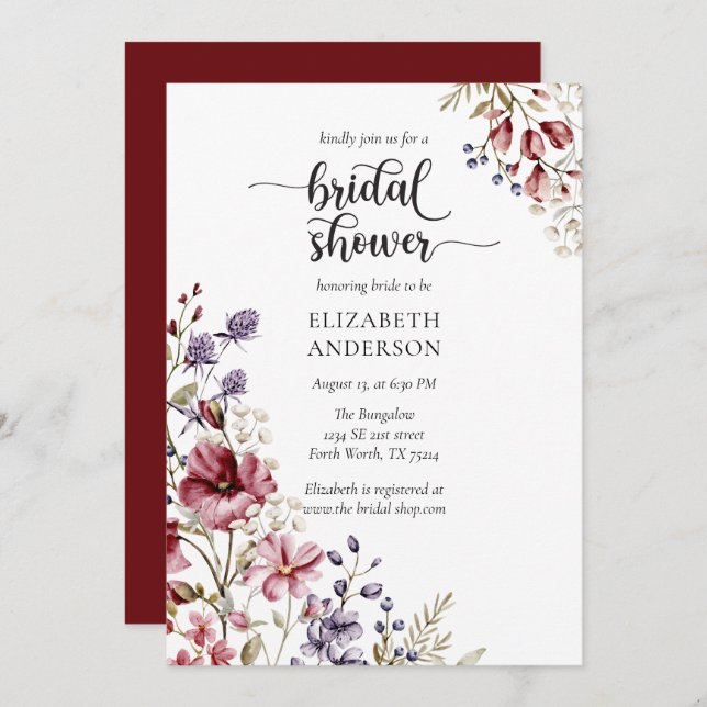 Elegant Boho Wildflower Bridal Shower Invitation (Front/Back)