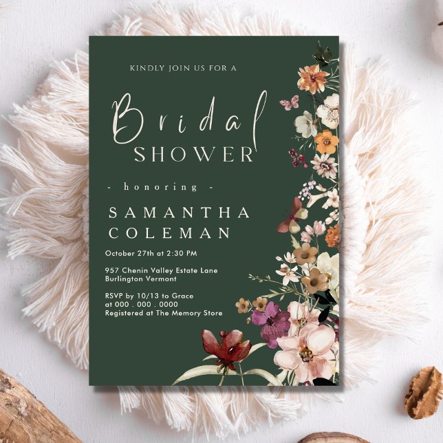 Elegant Boho Wildflower Dark Green Bridal Shower Invitation (Creator Uploaded)