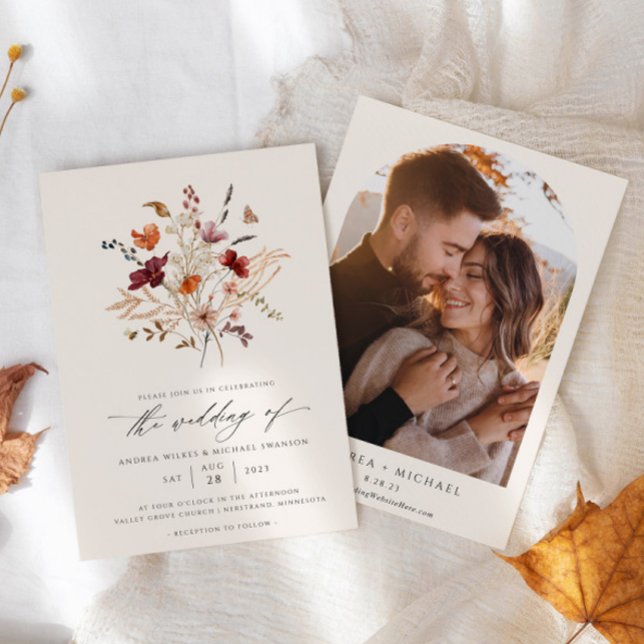 Elegant Boho Wildflower Fall Wedding Photo Invitation (Boho Wildflower Wedding Invitation Fall Bouquet)