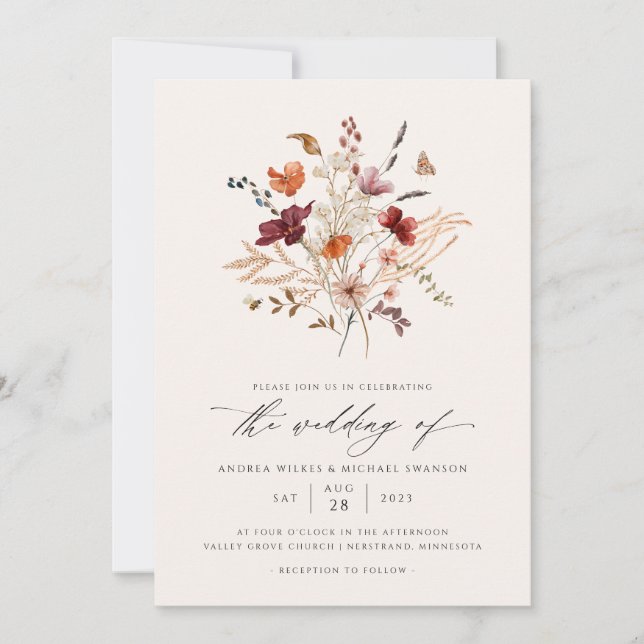 Elegant Boho Wildflower Fall Wedding Photo Invitation (Front)