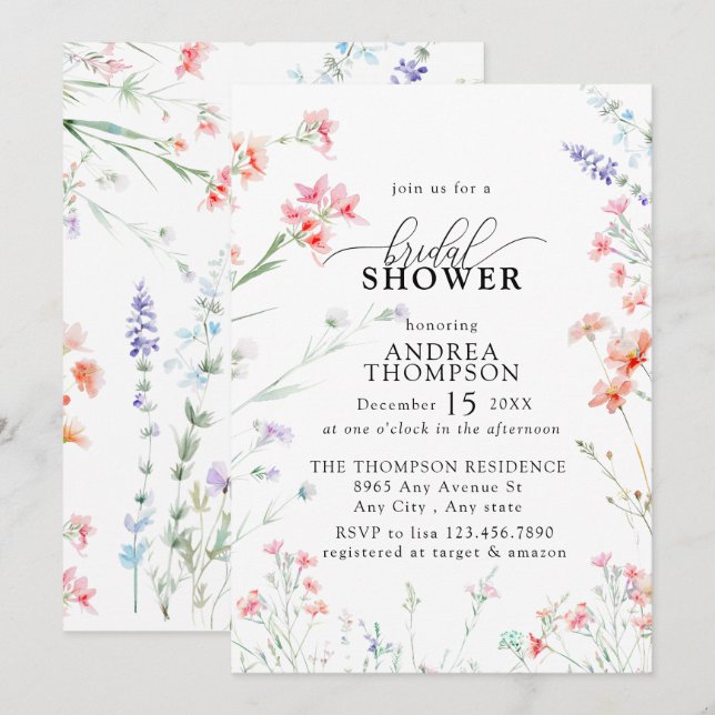 Elegant Boho Wildflower Floral Bridal Shower  Invitation (Front/Back)